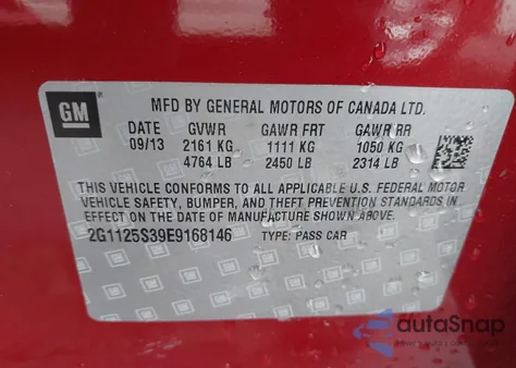 2014 Chevrolet Impala 2Lt z USA, uszkodzony, nr VIN 2G1125S39E9168146